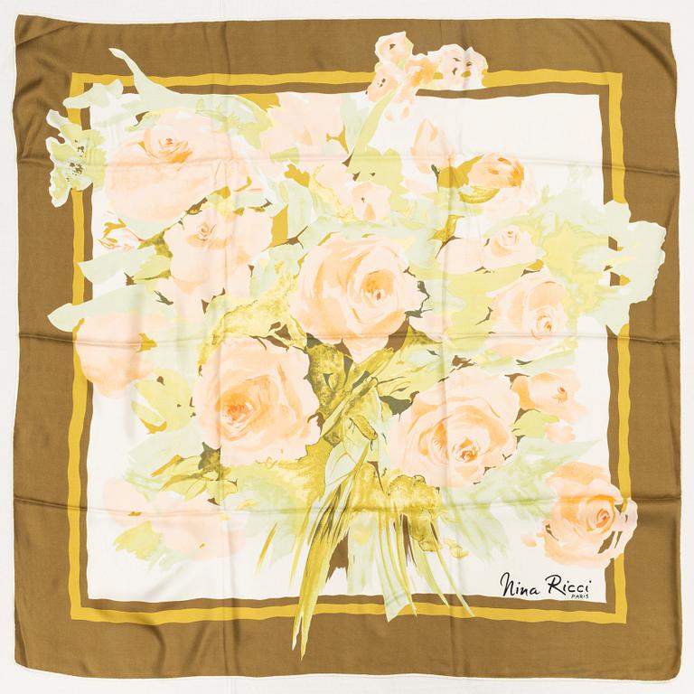 Nina Ricci, five silk scarves.