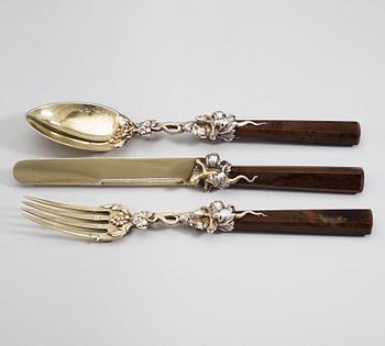 A set of three Russian 19th century parcel-gilt and jasper travel-cutlery, marks of Sasikow, Moscow 1847.