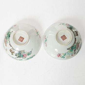 Skålar, sex stycken samt fat, sex stycken, porslin, Kina, sen Qingdynasti / 1900-tal.