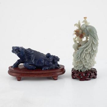 Three carved figurines and a bowl, China, 20th century.