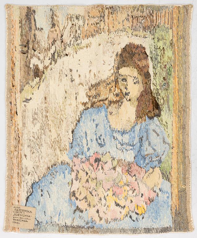 Anna Sledziewska, a wall hanging, tapestry technique, 'Dziewczyna (Girl)', 1978, c. 100 x 120 cm.