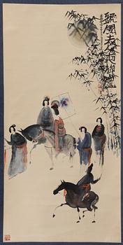 Peng Xiacheng, hans art, Figurscen med eleganta damer och ryttare, daterad 1996.