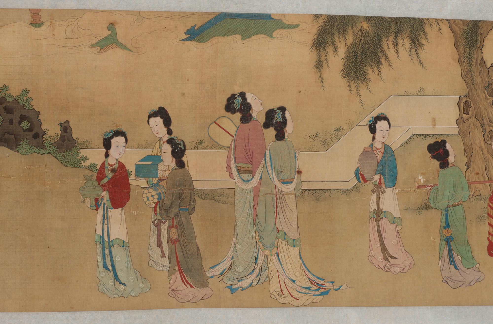 A fine painting of 100 ladies and attendants in a palace garden, and with calligraphy, late Qing dynasty (1644-1912).