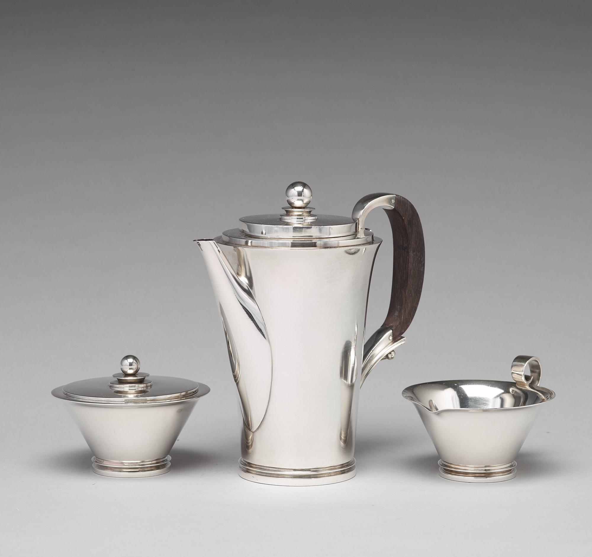 Harald Nielsen, a "Pyramid" sterling three pieces coffee service, Georg Jensen, Copenhagen 1933-44, designnr 600A,