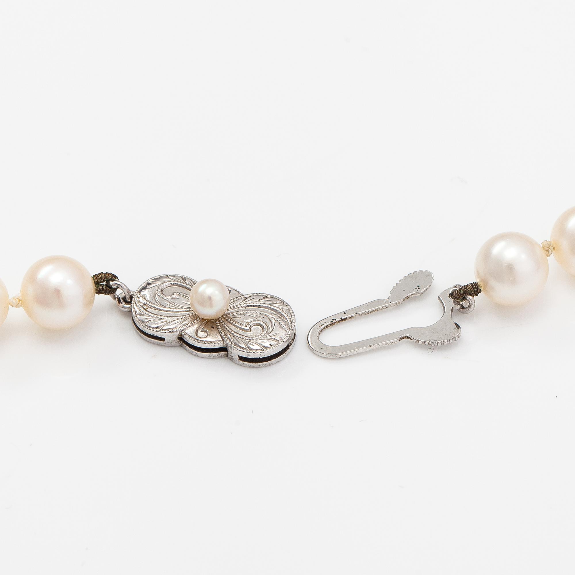 A pealr collier with cultured pearls and a metal clasp.