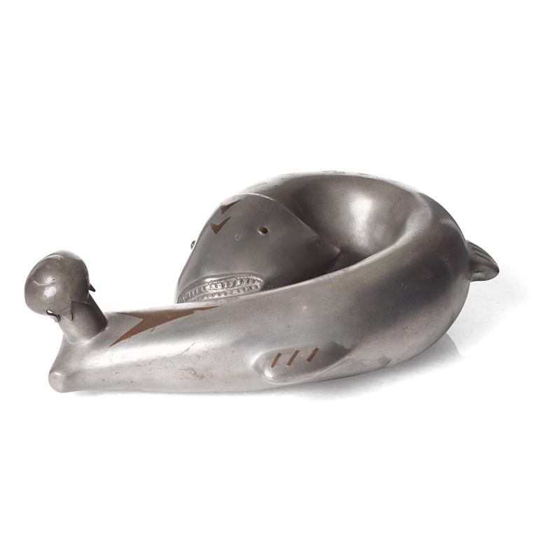 Estrid Ericson, a pewter and brass jar in the shape of a fish, Svenskt Tenn, Stockholm 1920's.