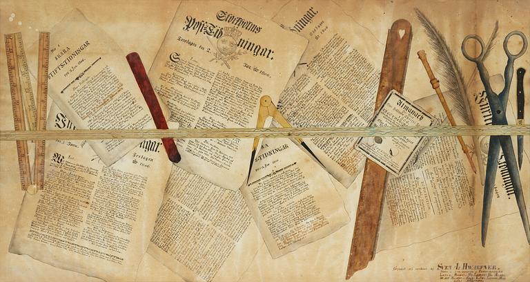 Trompe l'oeil with scissors, knife, quill and news paper.