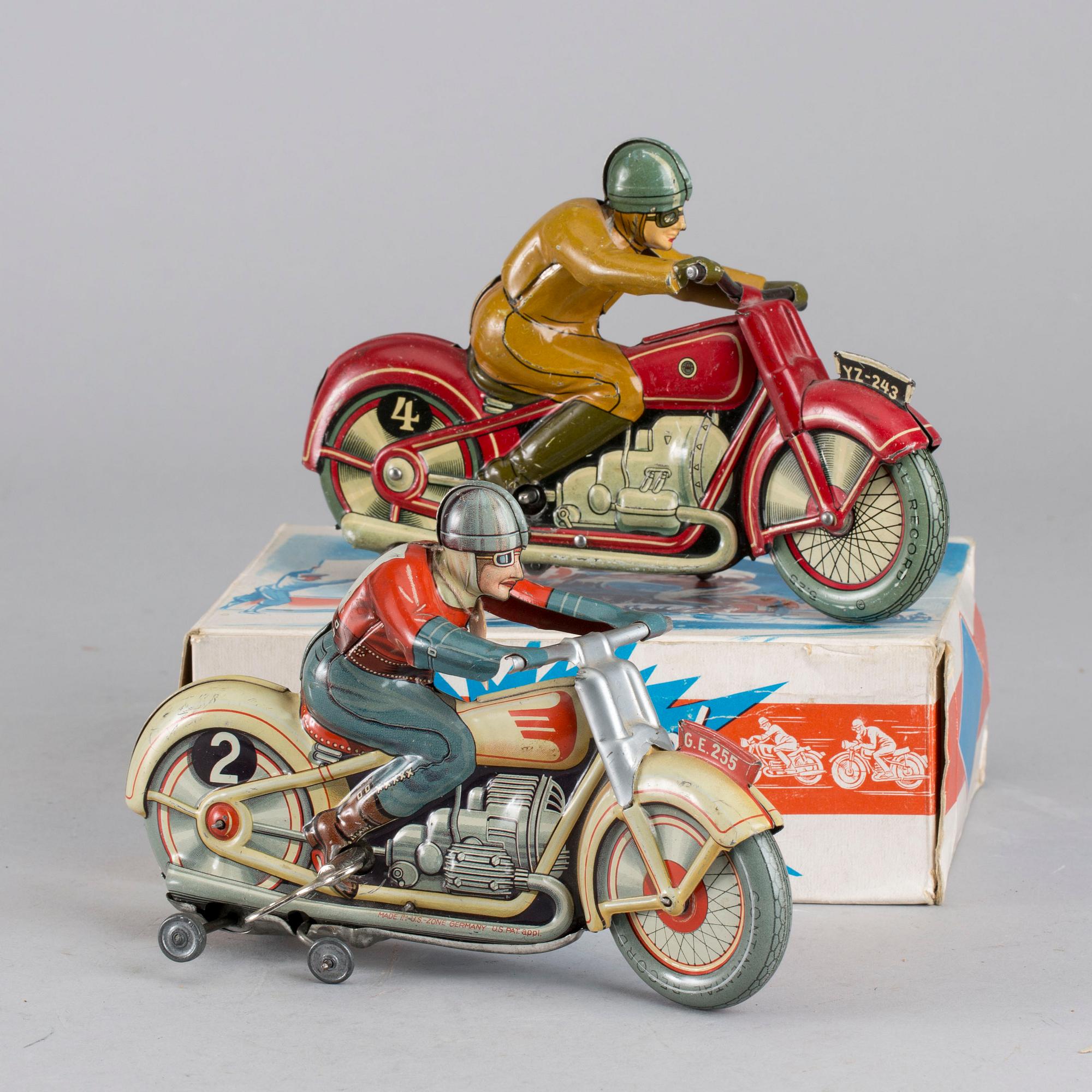 TWO TECHNOFIX MOTORCYCLES, lithographed plates, "YZ-243" 1938 and  "No 255" "Stürzender Motorfahrrad" US ZONE CA 1950.