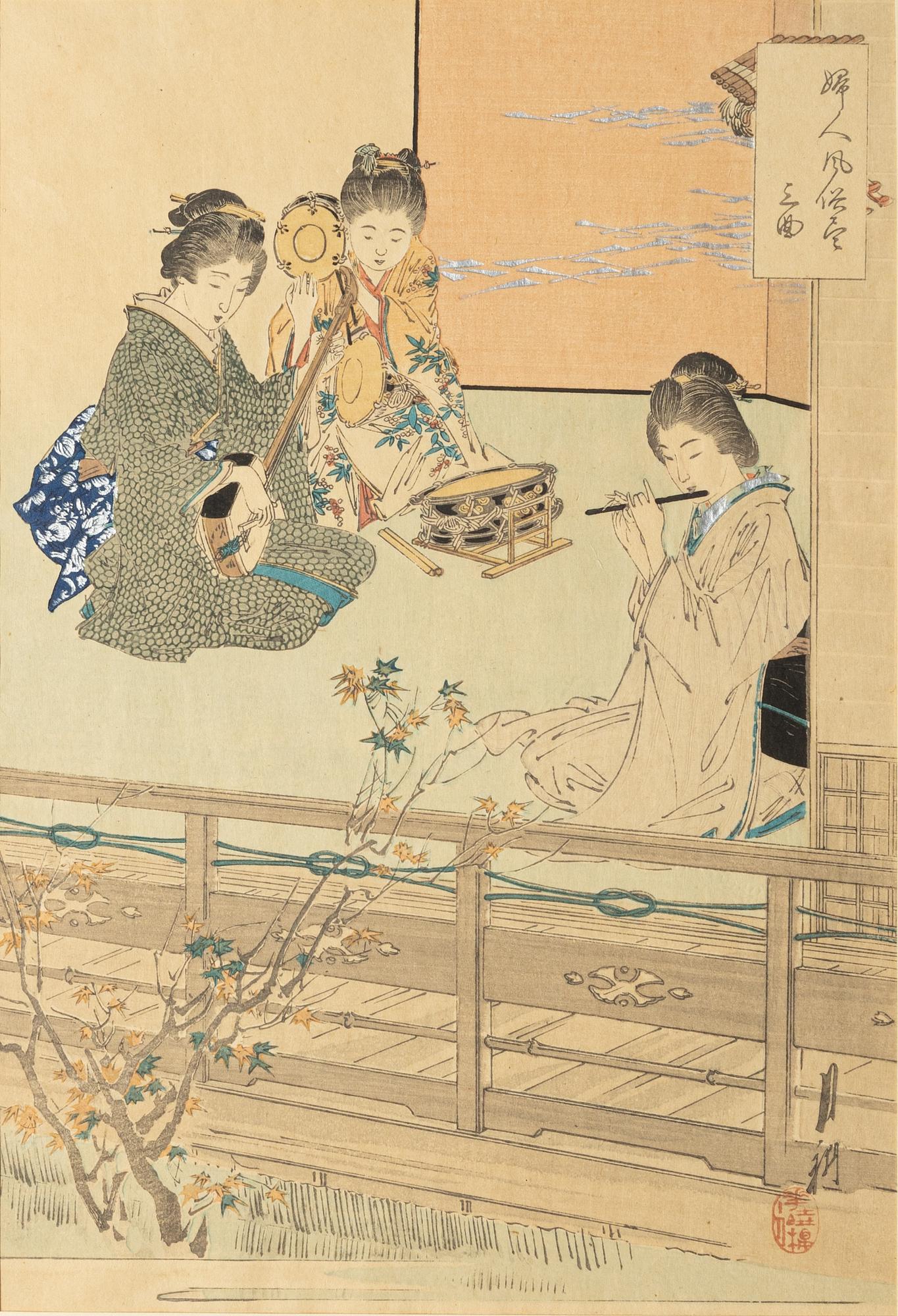 Träsnitt, fyra stycken, Ogata Gekko, Takeuchi Keishu och Kōgyo Tsukioka.