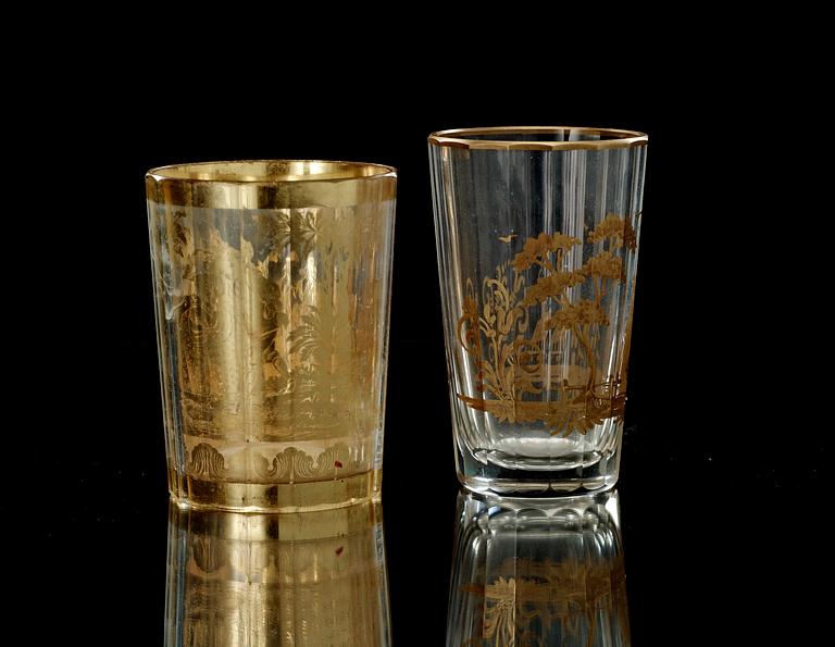 Two German 'Zwischengold' beakers, 18th Century.