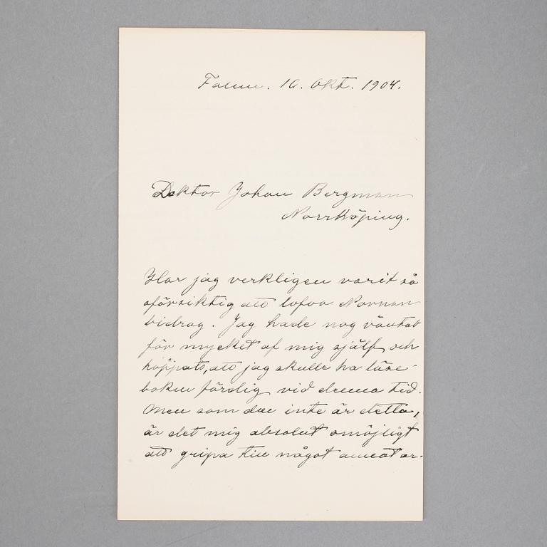 SELMA LAGERLÖF (1858-1940), egenhändigt brev med namnteckning, dat Falun 10 okt 1904.