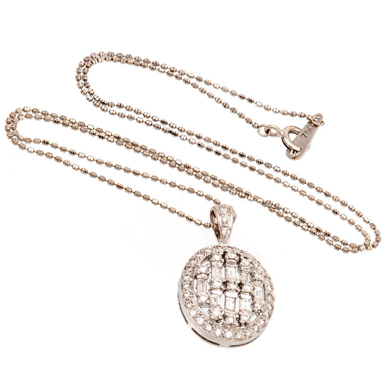 Pendant and chain, 18K whitegold, brilliant and baguette-cut diamonds approx 0,75 ct in total.