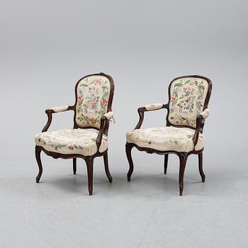 Two mid 18th century French Louis XV armchairs.