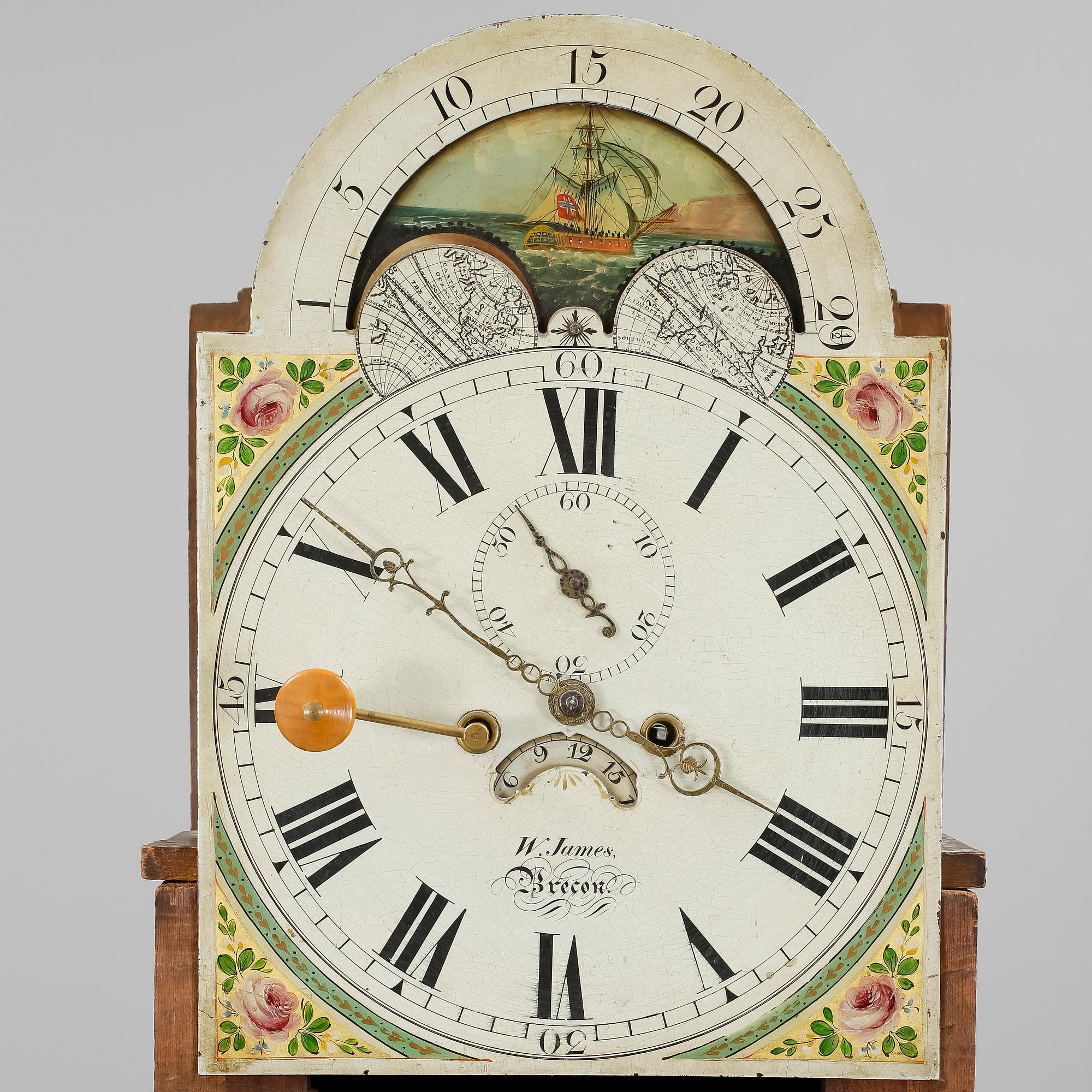 GOLVUR, med pendel samt 2 lod, urverket märkt W James, Brecon, England, 1800-talets början.