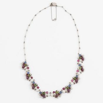 Necklace, 18K white gold with rubies, opals, garnets, and tourmalines.