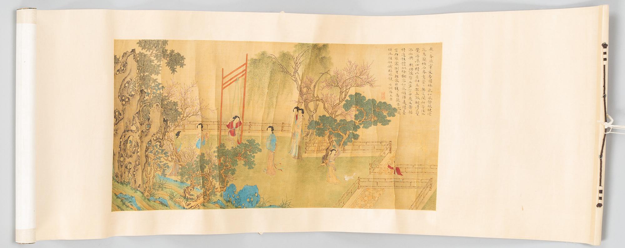 A Chinese hanging scroll, ink and colour on silk, 20th century.