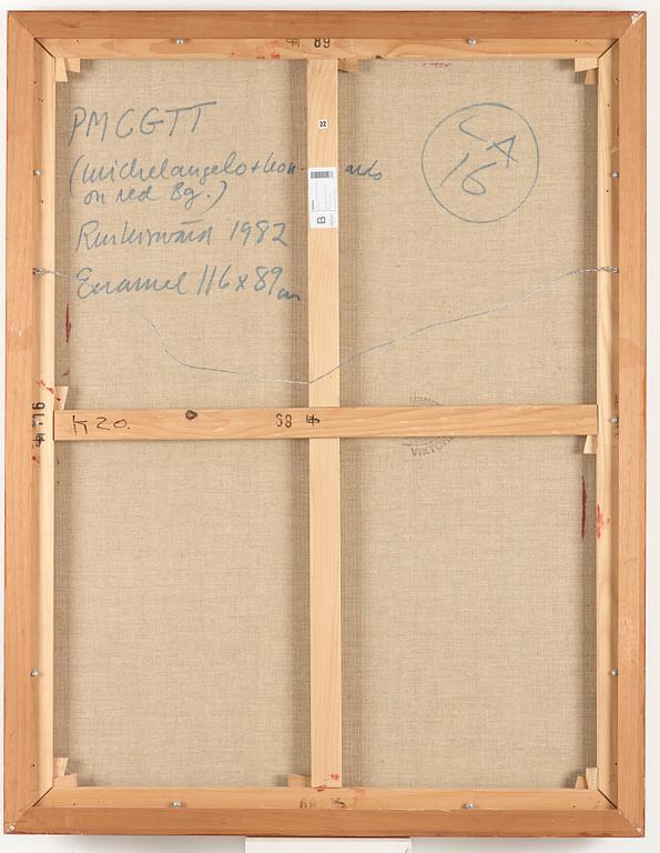 Carl Fredrik Reuterswärd, "PMCGTT - Michelangelo+Leonardo on red BG".