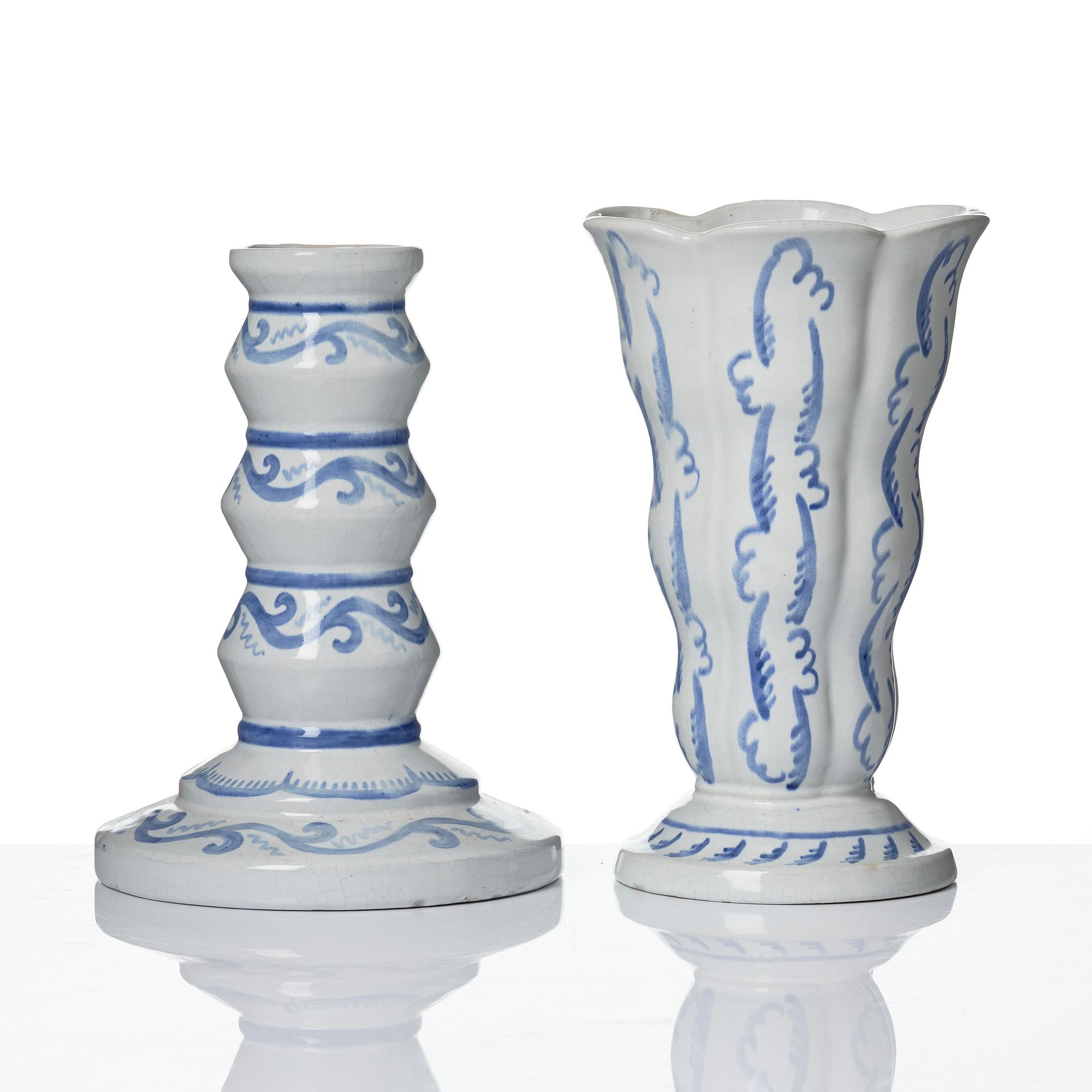 Wilhelm Kåge, Two earthenware vases, a lamp base and a jar with cover, Gustavsberg, Sweden, dated 1920.