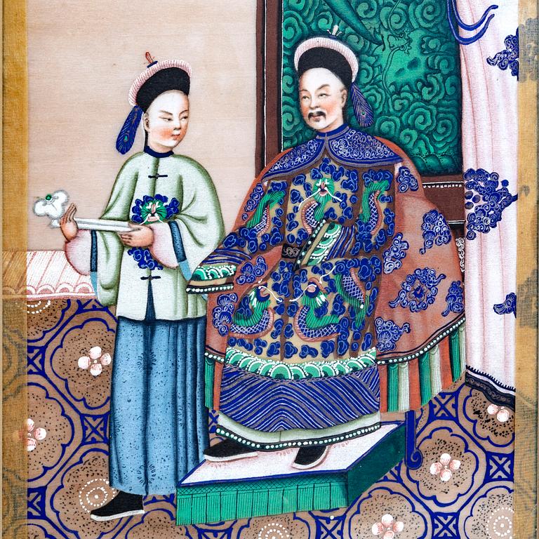 Akvarell och tusch på rispapper, Kina Qingdynastin, 1800-tal.