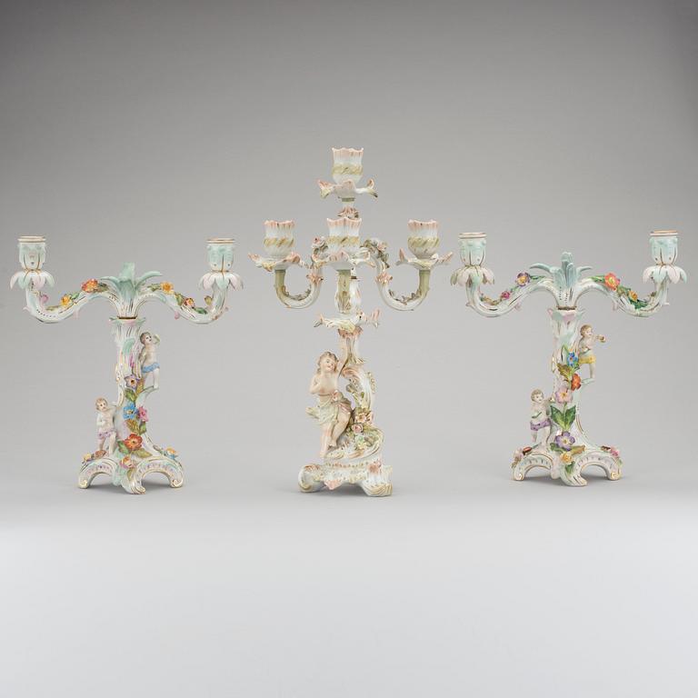 3 porcelain candelabra, Sitzendorf & Dresden, 19th and 20th century.