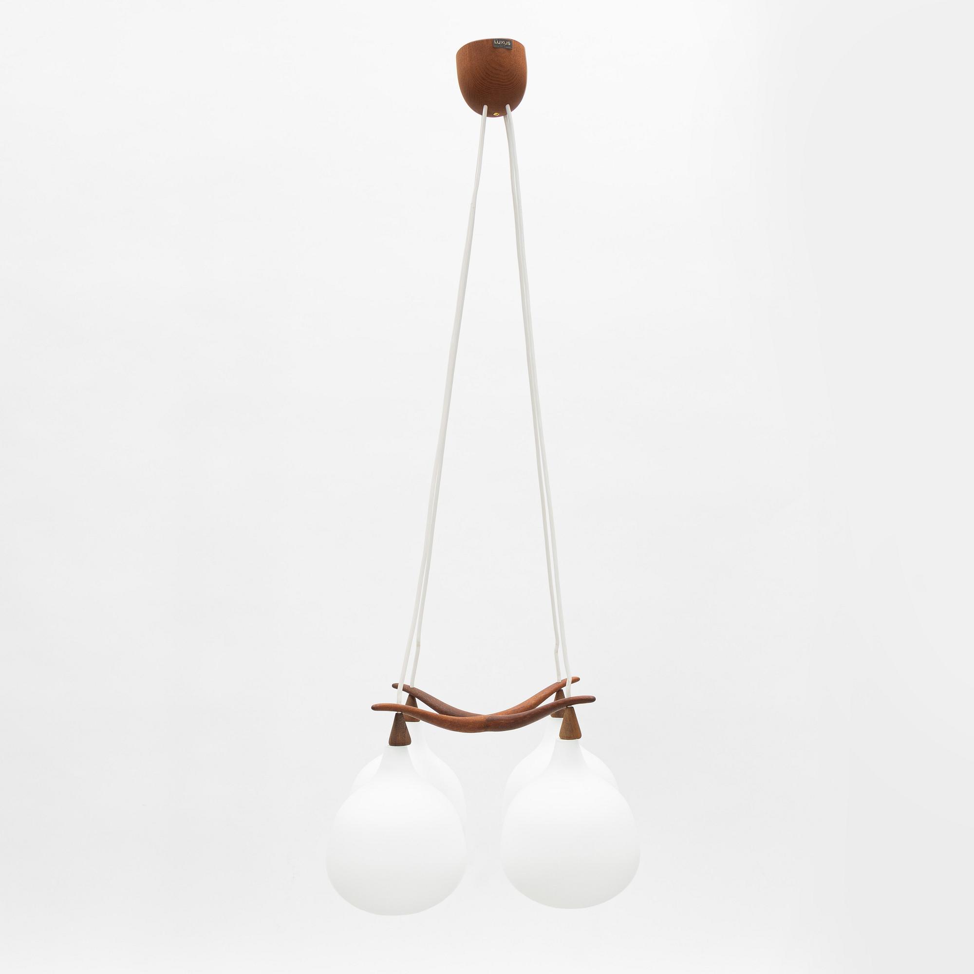 Uno & Östen Kristiansson, a four-light teak and glass ceiling lamp, Luxus, Vittsjö.