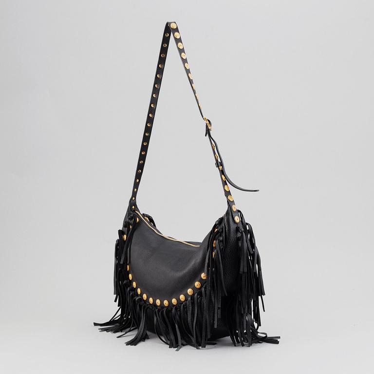 Valentino, a black leather hobo bag.