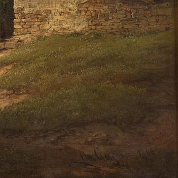Alplandskap med sjö och slott.
