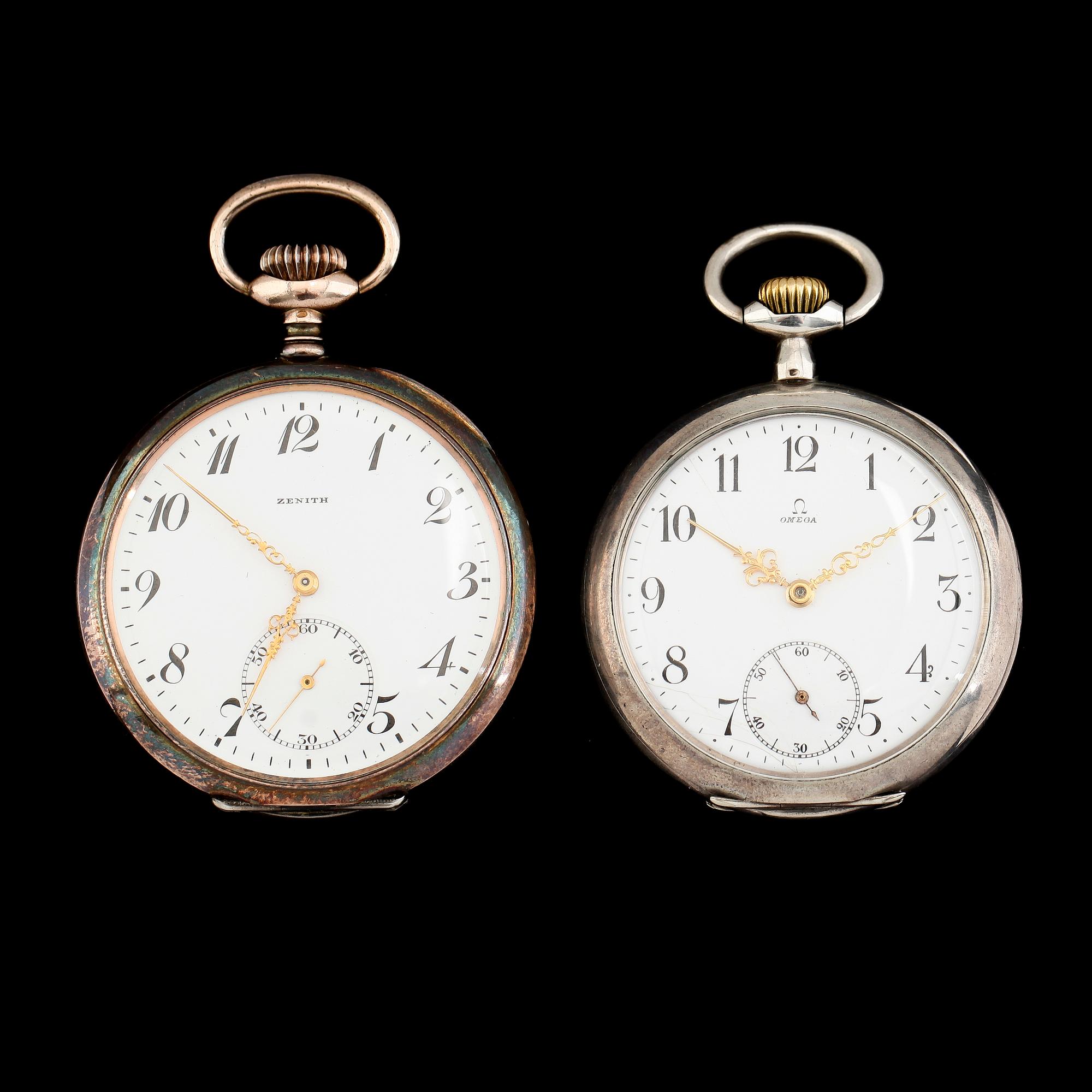 FICKUR, 2 st, silver, Omega och Zenith, 1900-talets första hälft.