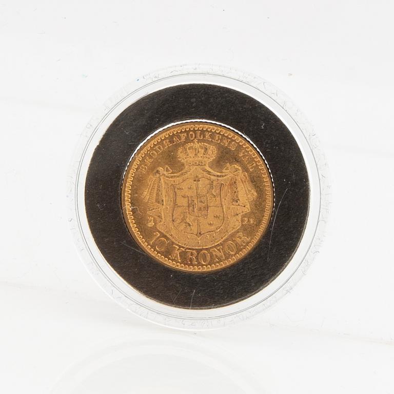 Guldmynt Sverige, Oscar II 10 kr, 1894, felpräglat.