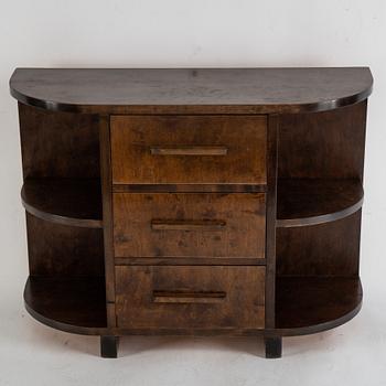 A stained birch chest of drawers and mirror, 1930's.