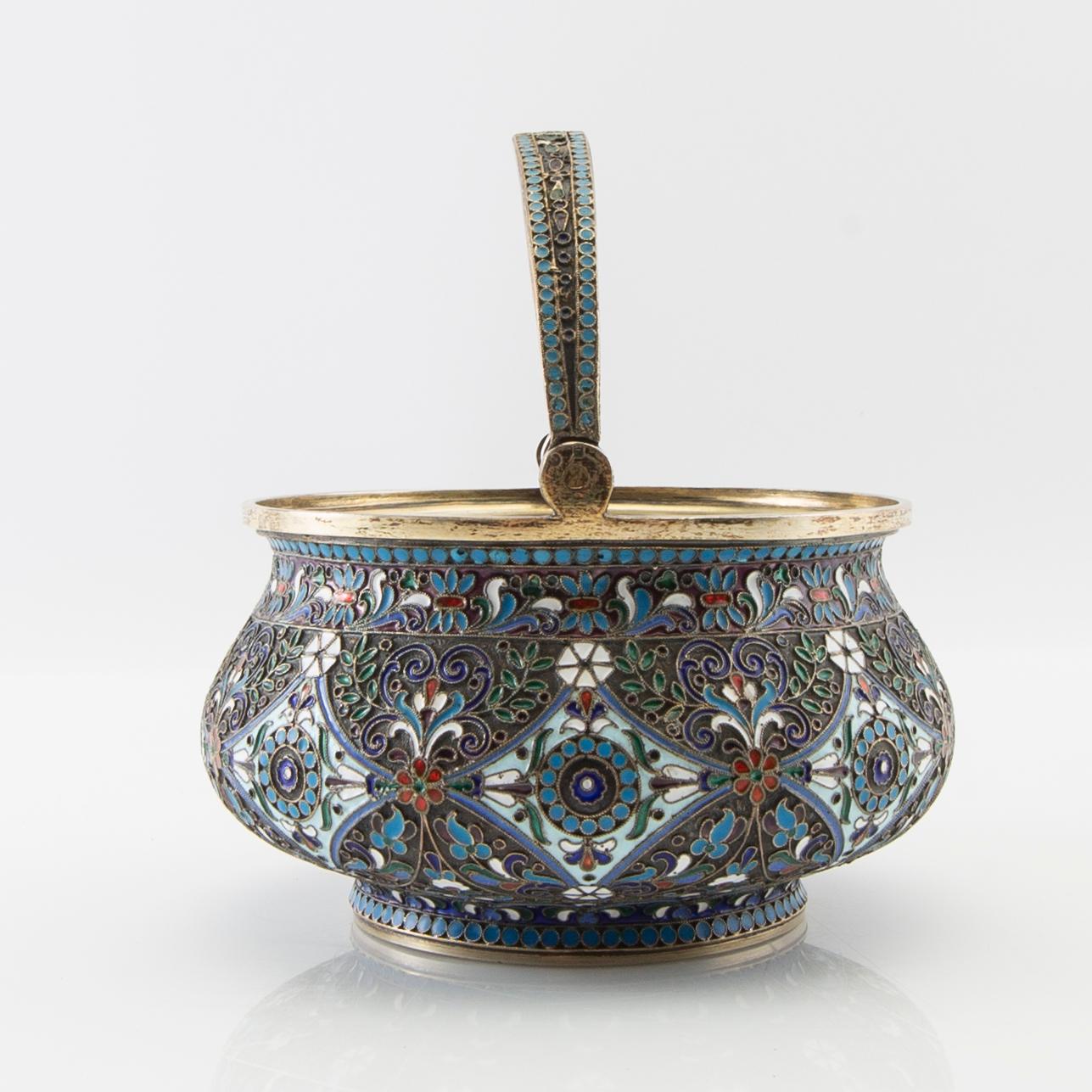 Bowl with handle Russia St Petersburg (?) silver and enamel 1908-26.