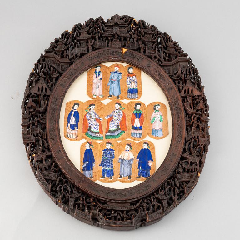 Chinese school, twelve small portraits of manchu aristocrats in a carved Cantonese frame, late Qing dynasty.