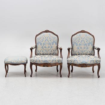 Armchairs, a pair, and a stool, Rococo style and Rococo, circa 1900 and 18th century.