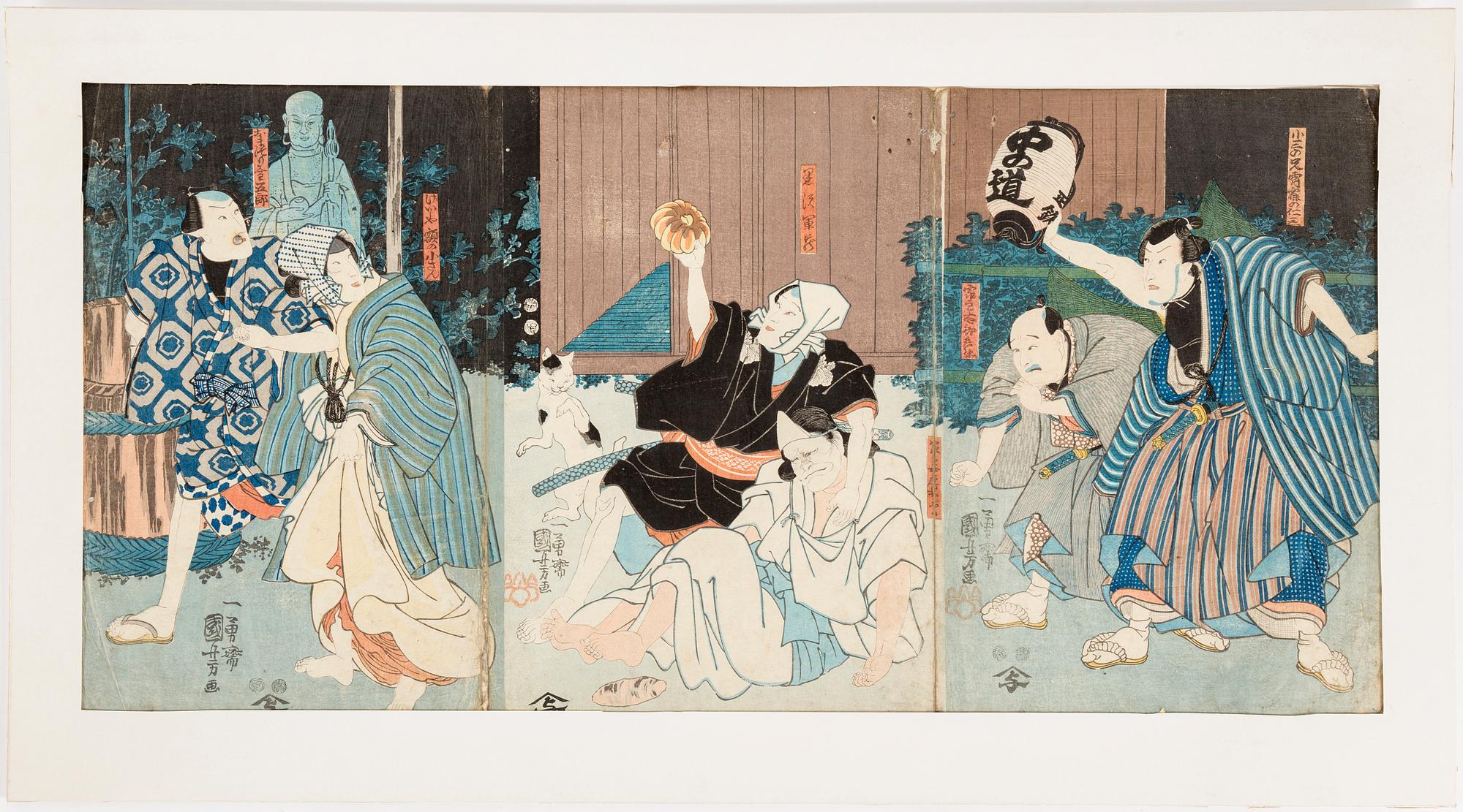 UTAGAWA KUNIYOSHI (1797/98-1861), färg träsnitt, Triptyk. Japan, 1849-53.