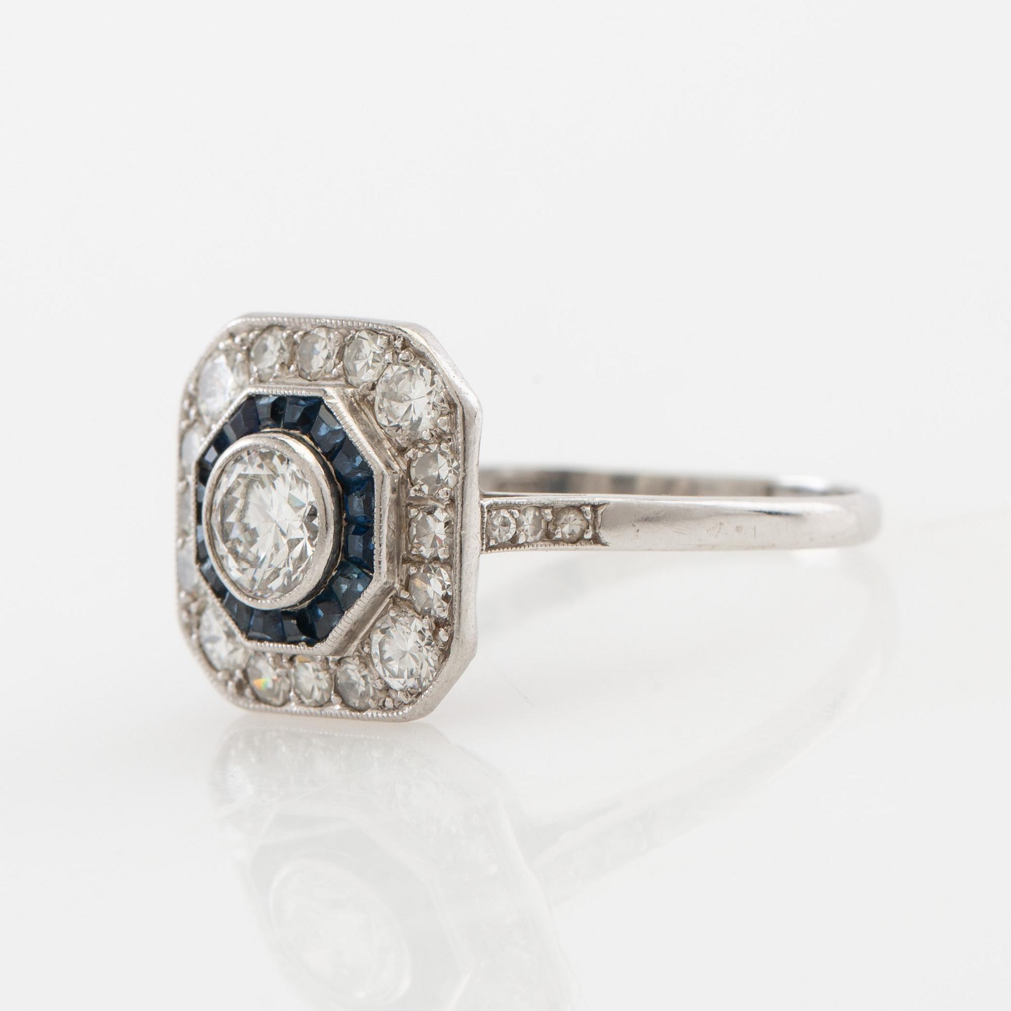 Ring of platinum with diamonds and faceted sapphires, Art Deco, K Anderson Stockholm 1938.