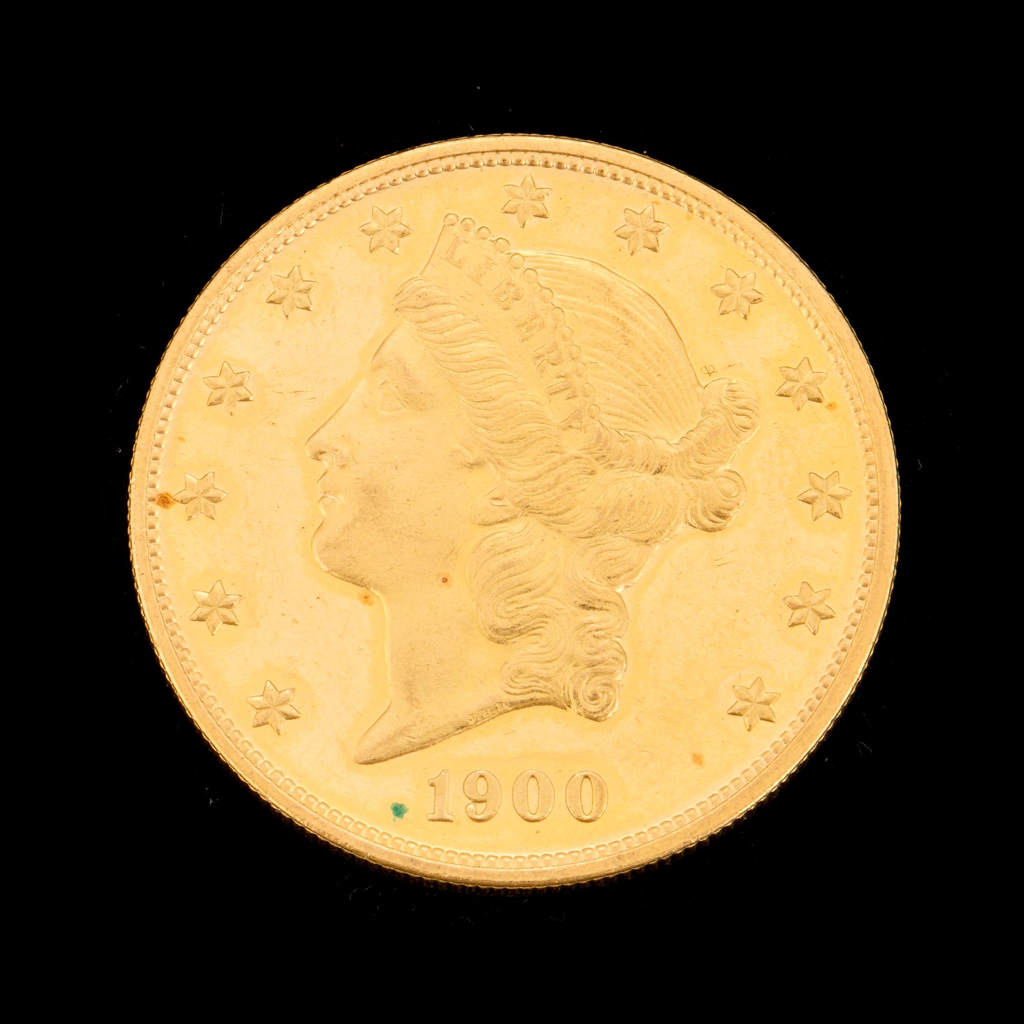 GULDMYNT, fine gold, 20 dollars, Liberty, USA. 1900. Vikt ca 33 gram.