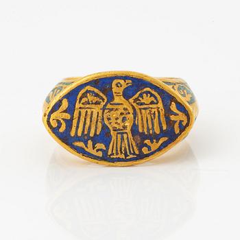 A modern Byzantine-style gold and enamel signet ring.