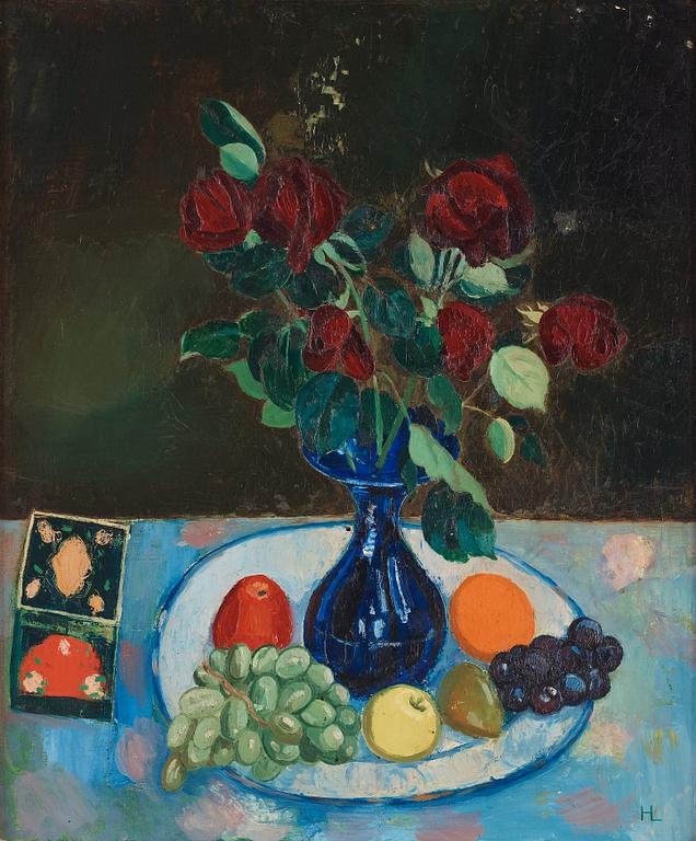 Hilding Linnqvist, Still life with roses and fruits.