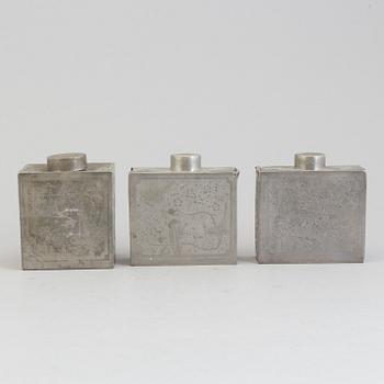 Three Chinese teacaddies in tin, Qing dynasty, 19th century.