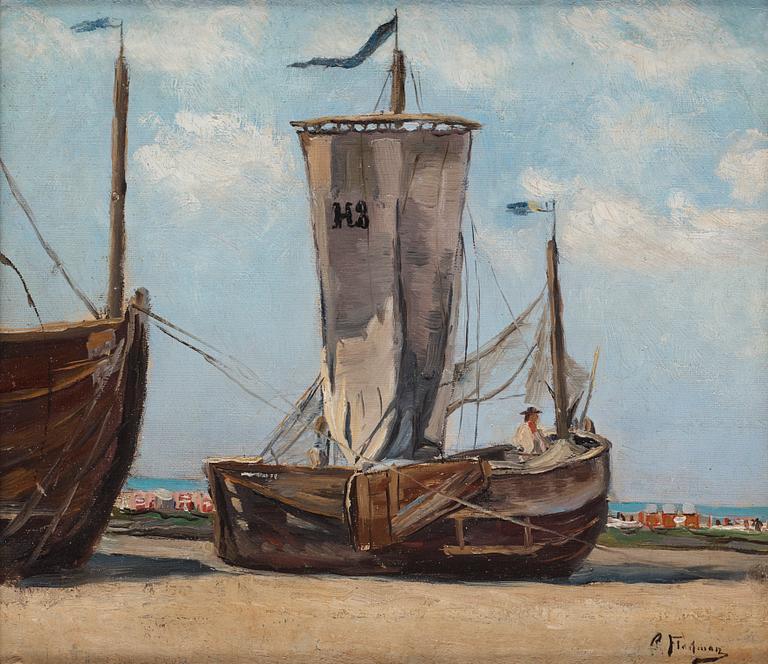 Carl Flodman, Beach scene with moored boats. In the background, so-called "Strandkorben" (beach chairs) and figures, possibly Skagen or Skåne.