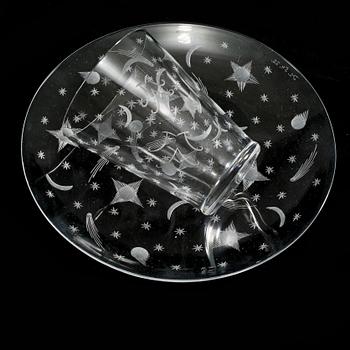 GLAS, 6 st samt ASSIETTER, 6 st, glas, Edward Hald, 1920-tal.