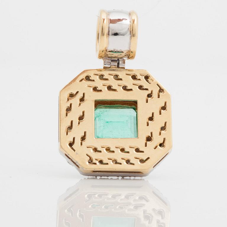 A pendant with a 5.50 ct emerald and cica 1.80 cts of brilliant cut diamonds.