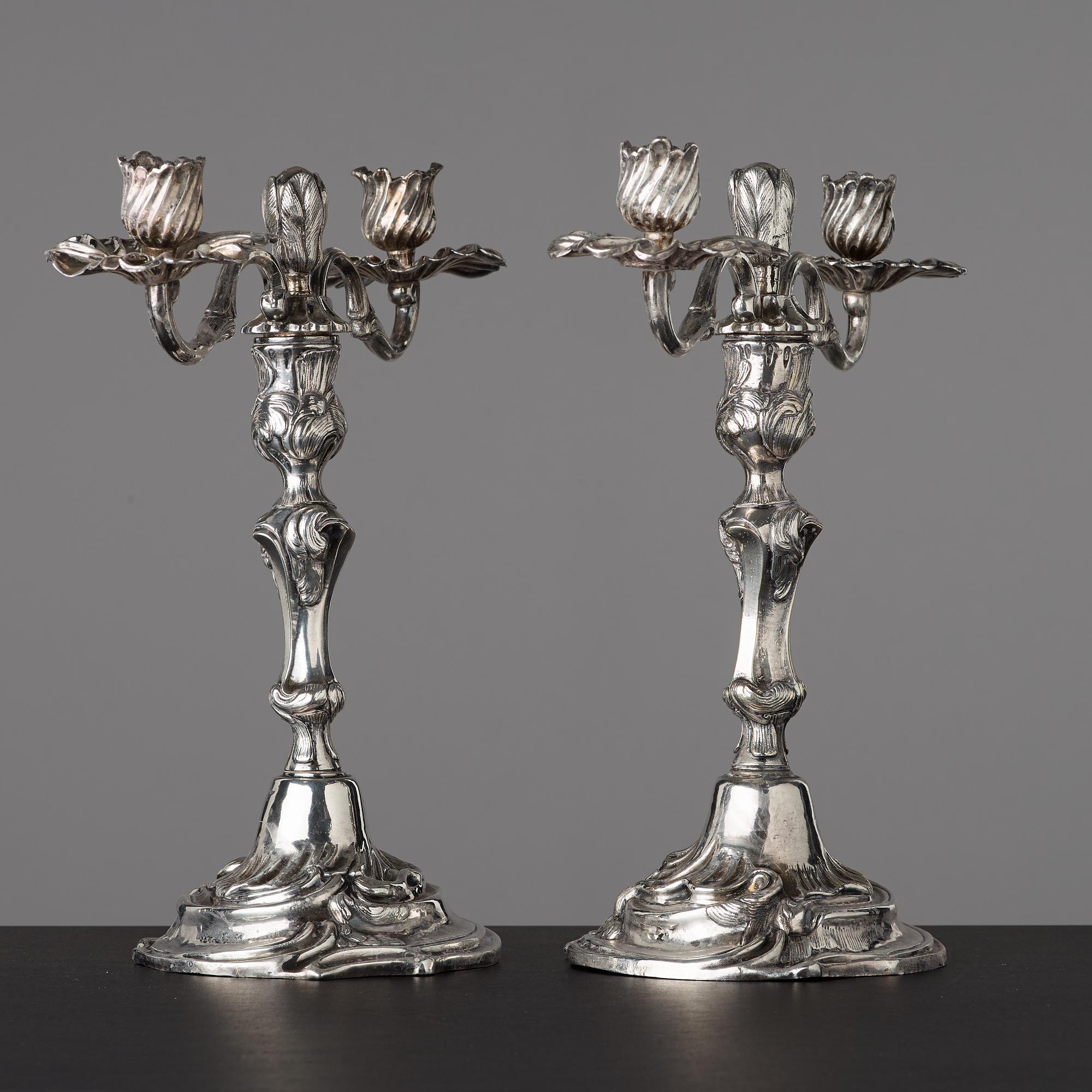 KANDELABRAR, för två ljus, Sverige, 1700-talets andra hälft, rokoko.