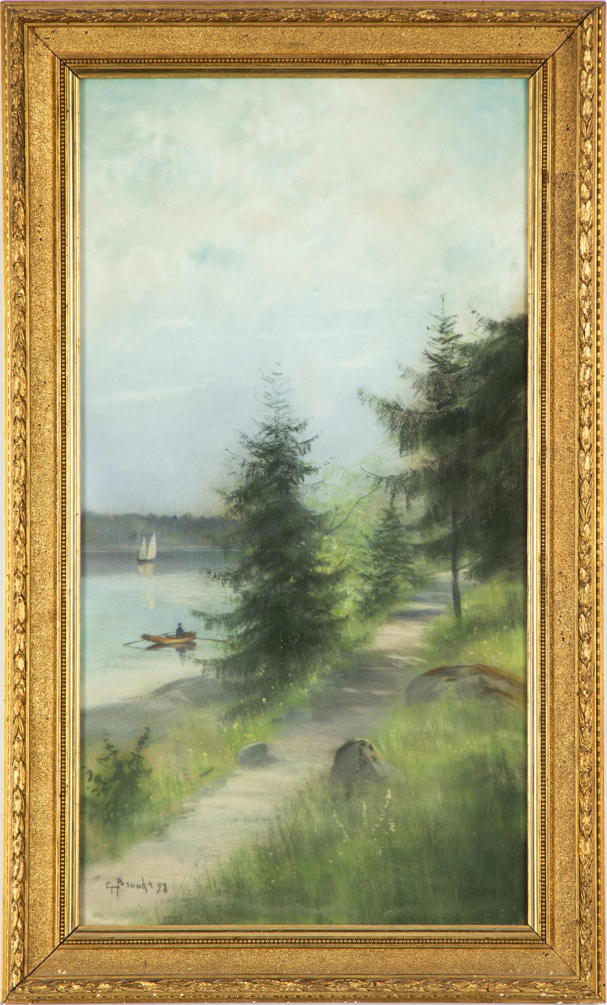 Carl Brandt, View over a lake with a sailing boat and a rowboat.