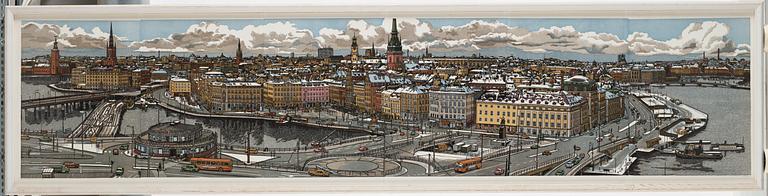 SVENOLOV EHRÉN, färgträsnitt, samramade motiv över slussen. 225/360.