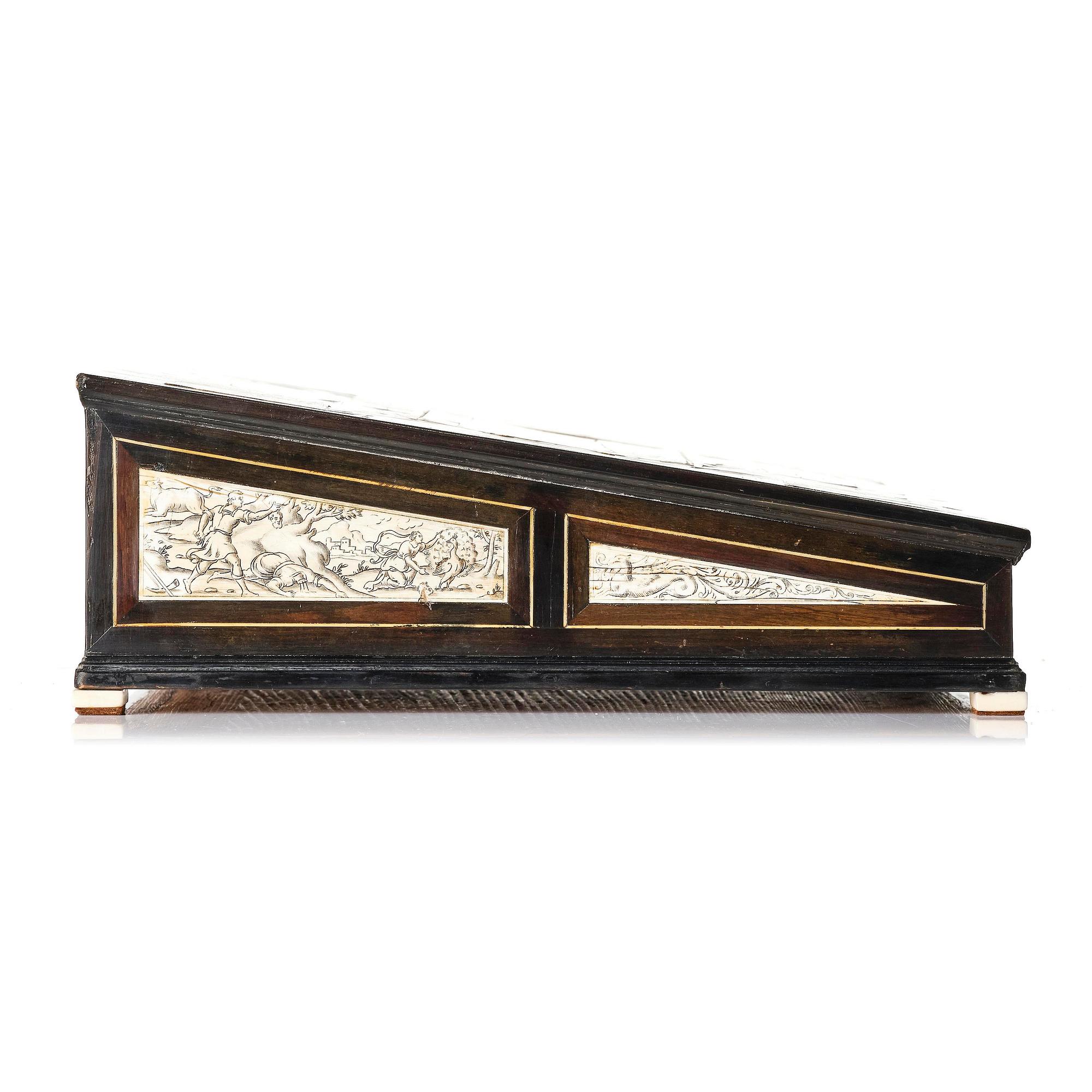 A Neopolitan ebony, rosewood and engraved ivory writing box from the circle of Iacopo Fiamengo, first part 17th century.
