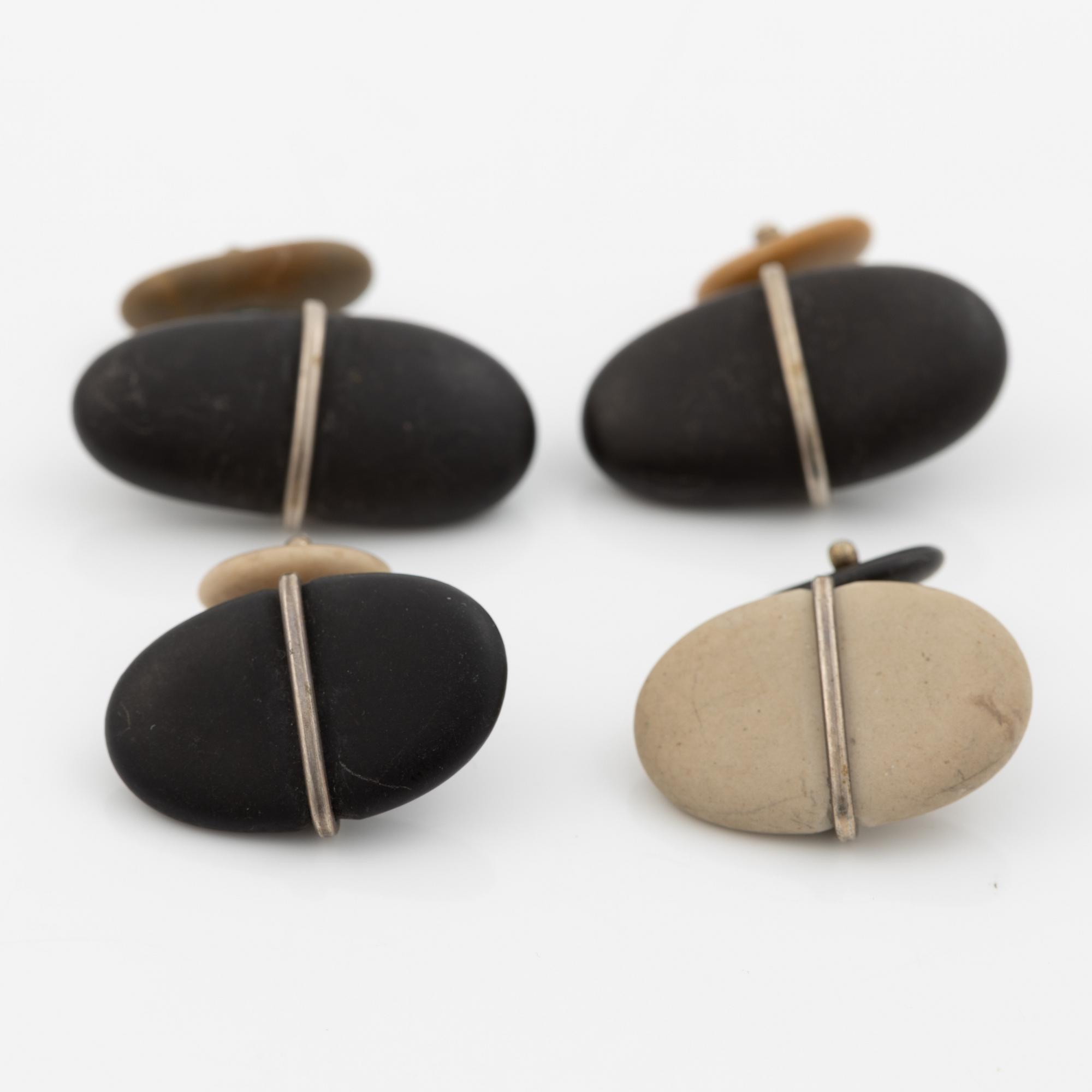 Cufflinks, two pairs, silver with beach stones, Terrs.