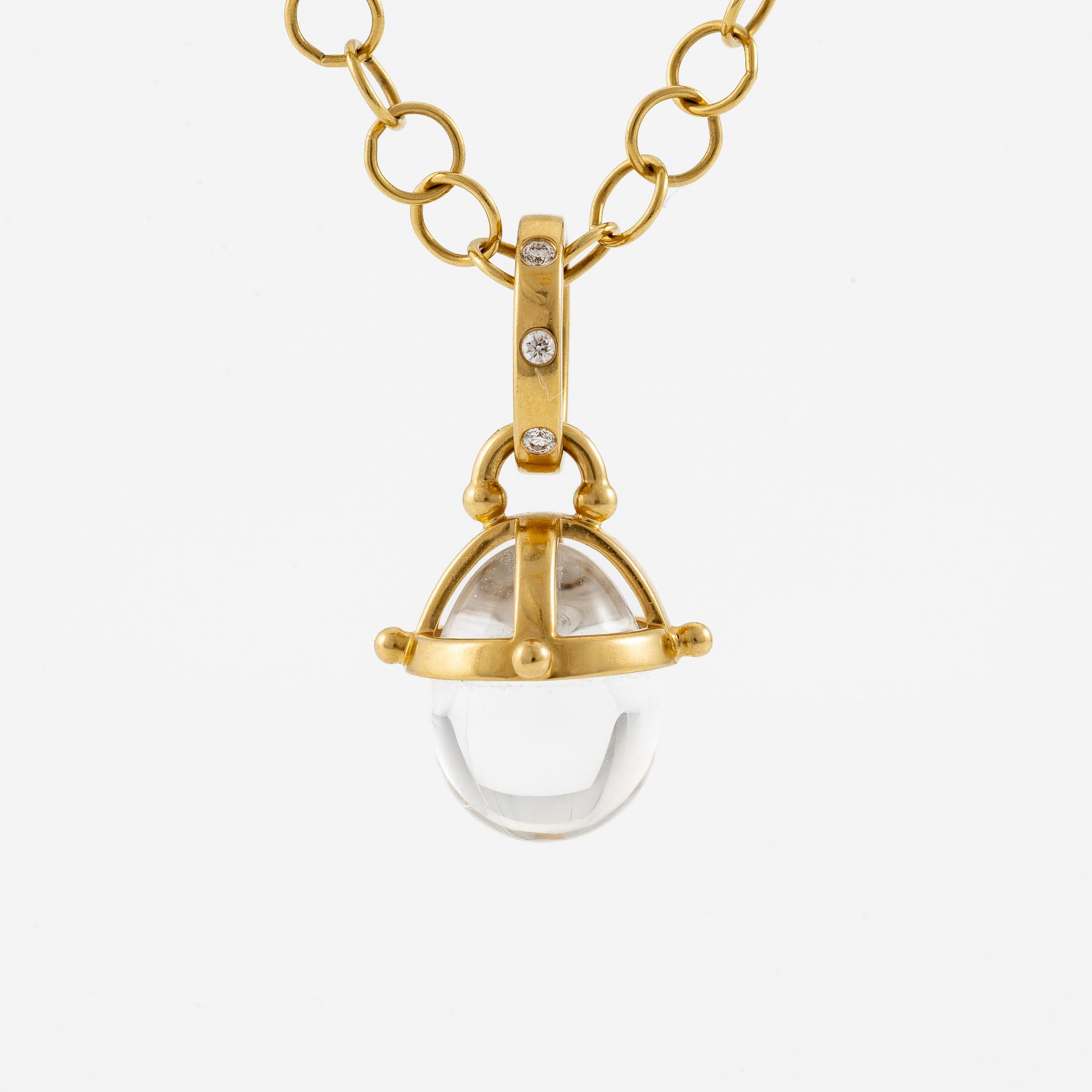 Pendant with chain in 18K gold featuring rock crystal and round brilliant-cut diamonds, Temple St Clair.