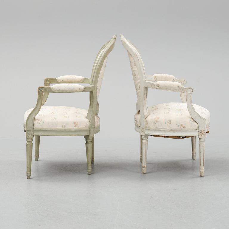 Two armchairs, gustavian and gustavian style, late 18th and early 20th century.