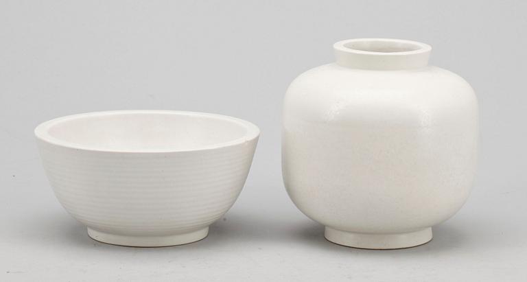 VAS samt SKÅL, 2 delar, stengods, "Carrara" Wilhelm Kåge, Gustavsberg.